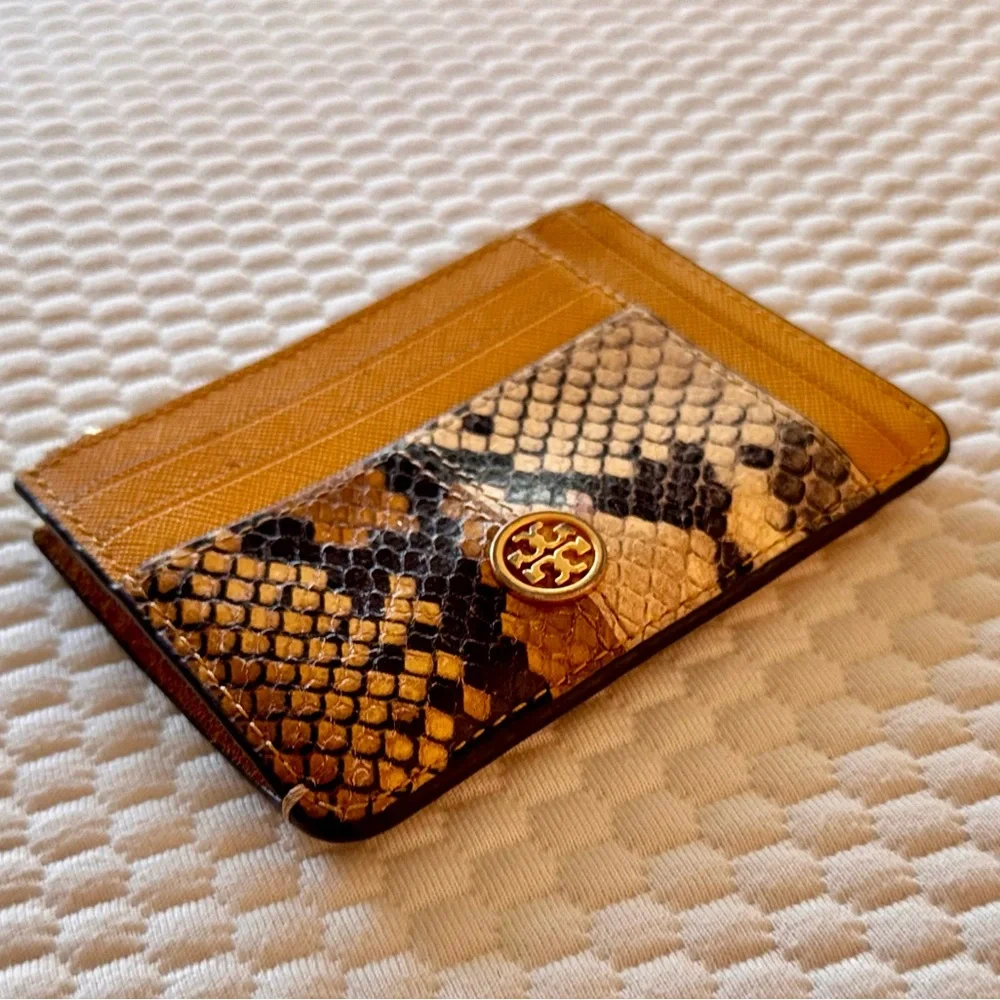 TORY BURCH Mustard Yellow & Snakeskin Card Holder Zipper Wallet
